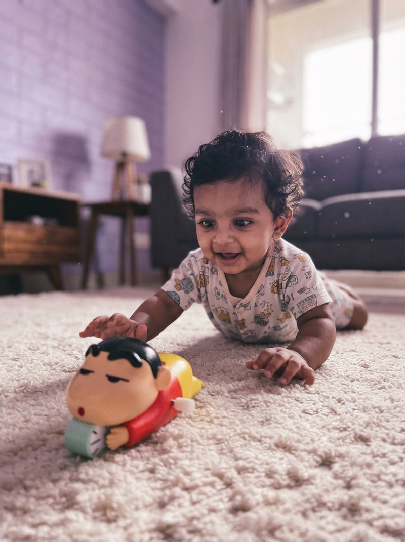 An Indian baby during tummy time, focused on a Shinchan crawling toy on a rug in a sunlit living room.